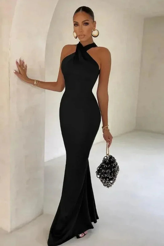 Vestido largo mujer con cuello cruzado y silueta ajustada