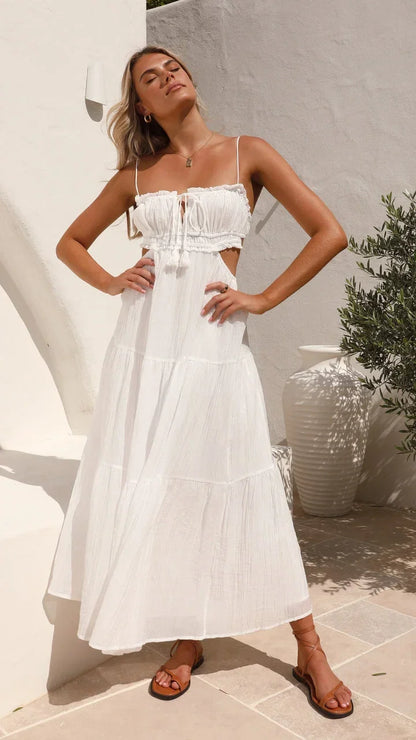 Vestido largo de mujer de espalda descubierta, fluido, con tirantes ajustables