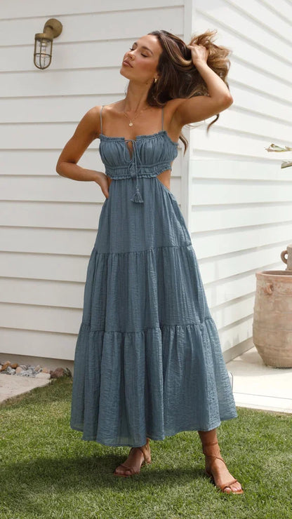 Vestido largo de mujer de espalda descubierta, fluido, con tirantes ajustables