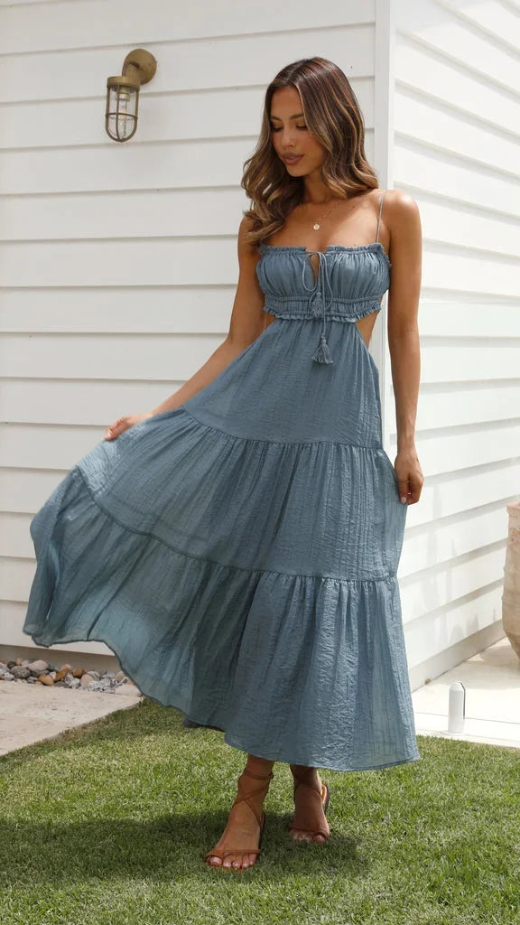 Vestido largo de mujer de espalda descubierta, fluido, con tirantes ajustables