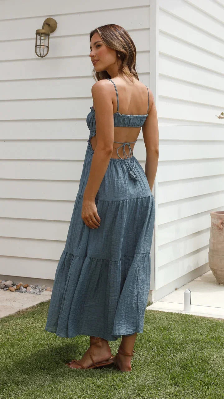 Vestido largo de mujer de espalda descubierta, fluido, con tirantes ajustables
