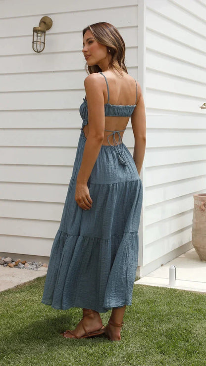 Vestido largo de mujer de espalda descubierta, fluido, con tirantes ajustables