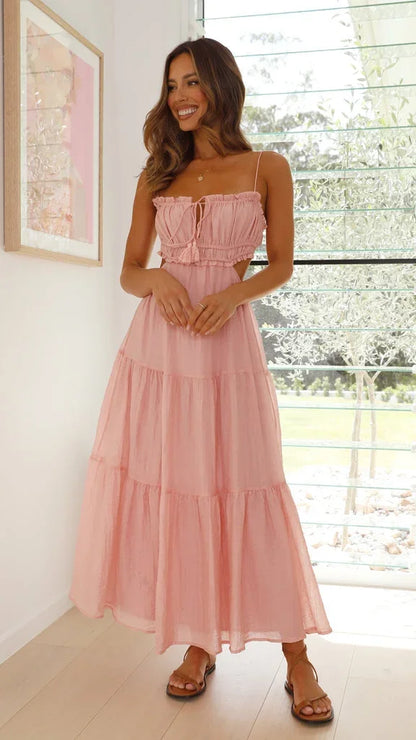 Vestido largo de mujer de espalda descubierta, fluido, con tirantes ajustables