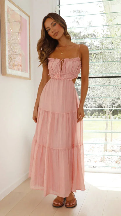 Vestido largo de mujer de espalda descubierta, fluido, con tirantes ajustables