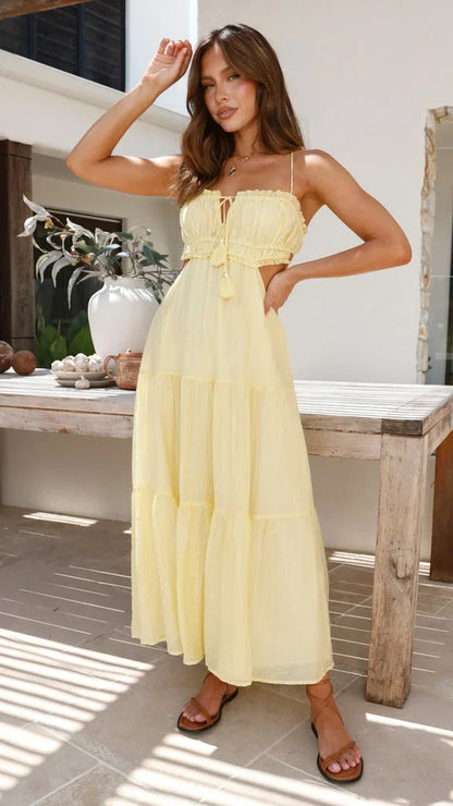 Vestido largo de mujer de espalda descubierta, fluido, con tirantes ajustables