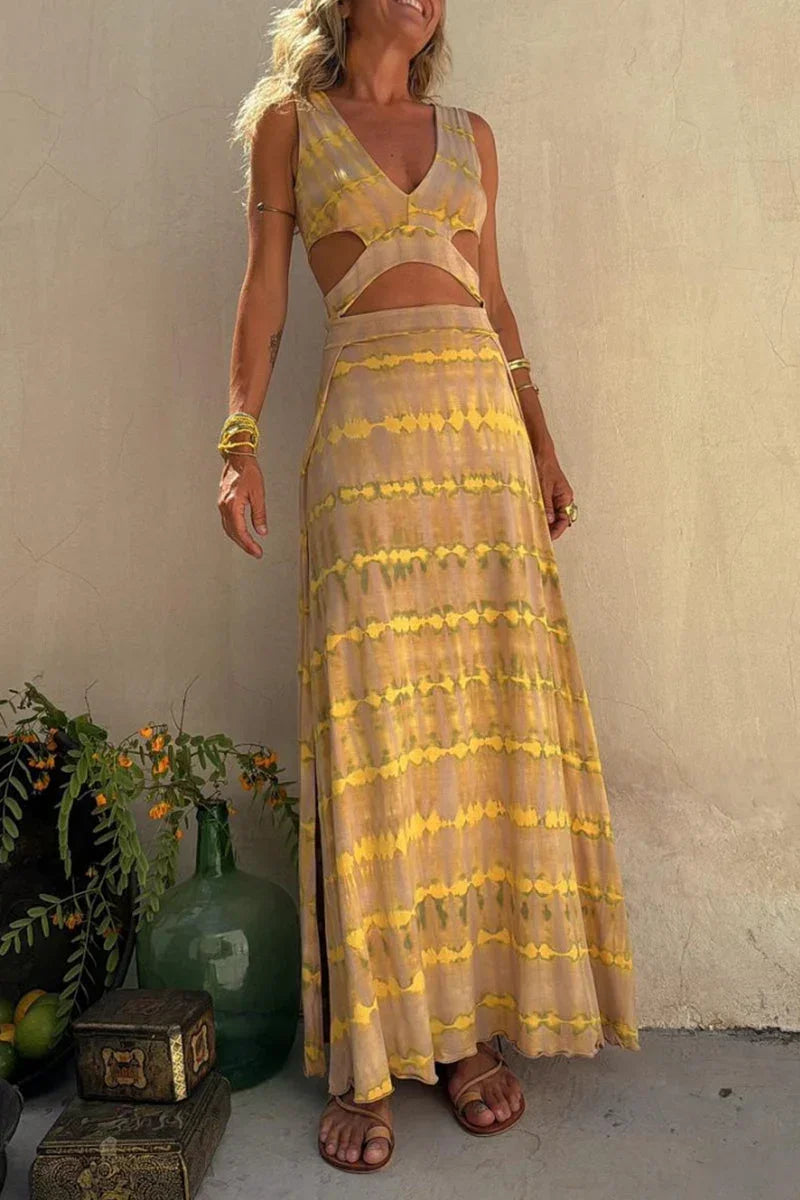 Vestido largo mujer tie-dye con abertura y cuello en V