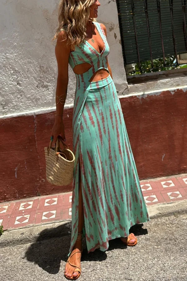 Vestido largo mujer tie-dye con abertura y cuello en V