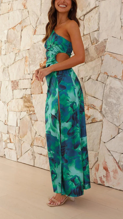 Vestido largo verde de un Hombro con abertura floral para noche