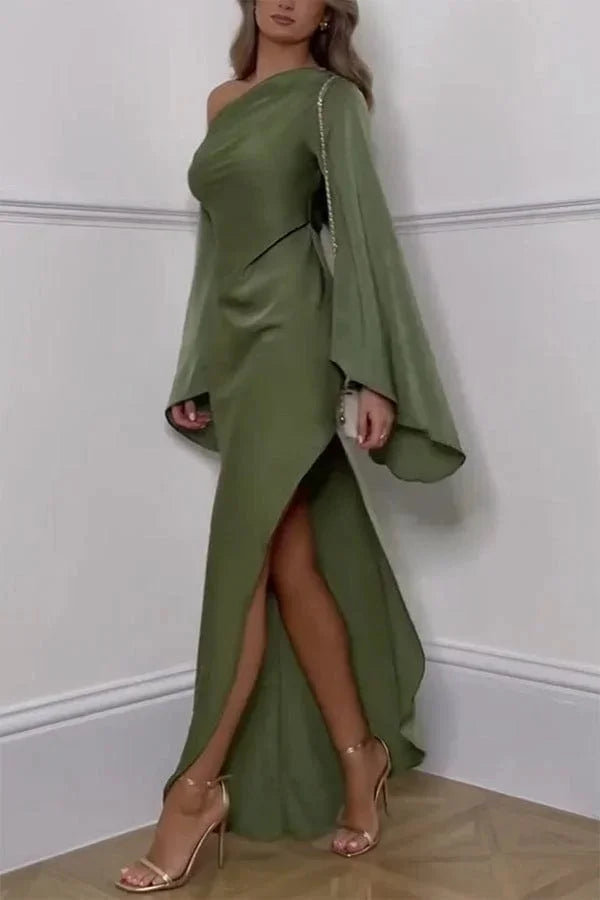 Vestido largo de fiesta satinado verde Hombro descubierto