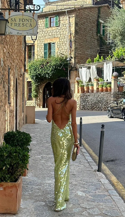Vestido largo mujer con lentejuelas verdes espalda descubierta de fiesta
