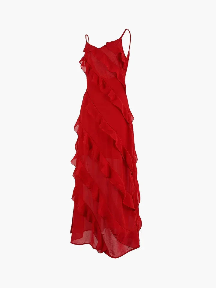 Vestido largo de mujer con volantes asimétricos y tirantes finos