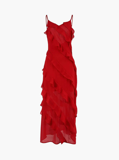 Vestido largo de mujer con volantes asimétricos y tirantes finos