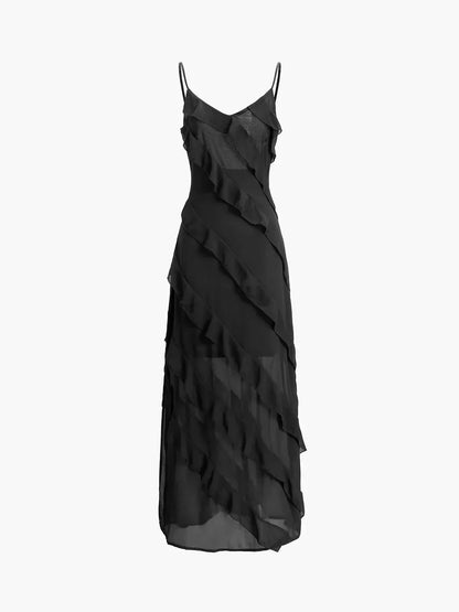 Vestido largo de mujer con volantes asimétricos y tirantes finos
