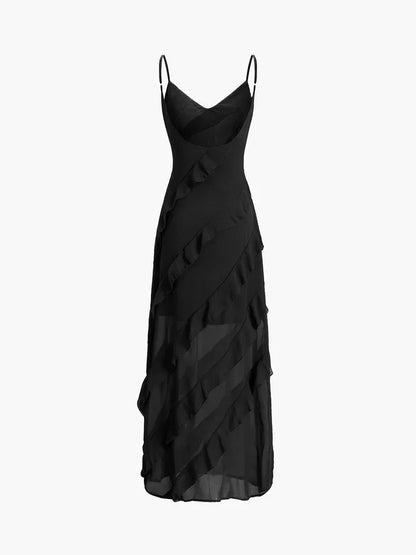 Vestido largo de mujer con volantes asimétricos y tirantes finos