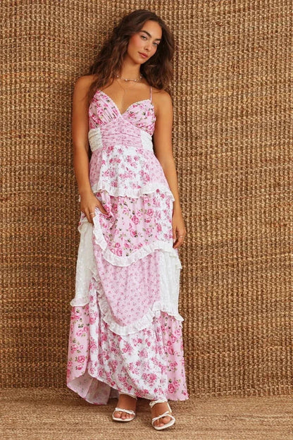 Vestido largo mujer verano patchwork tirantes finos