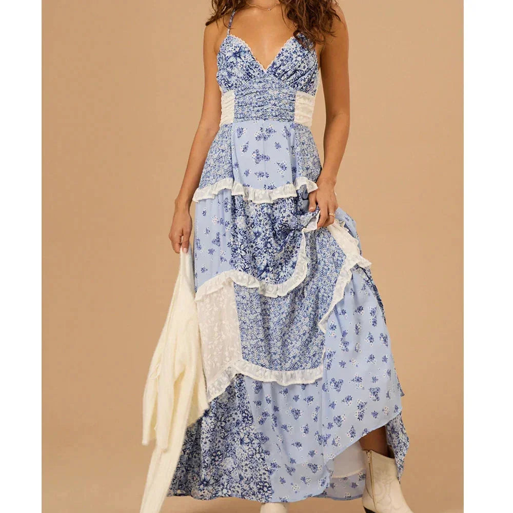 Vestido largo mujer verano patchwork tirantes finos