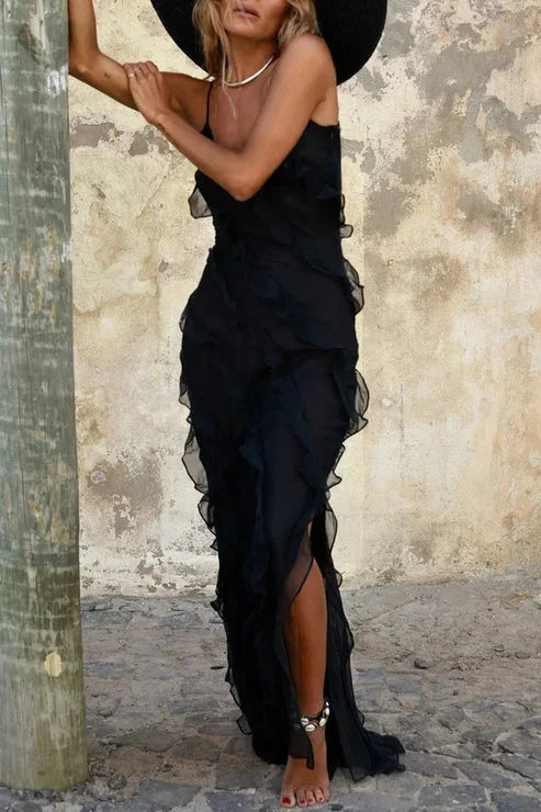Vestido largo mujer sin mangas con volantes y abertura
