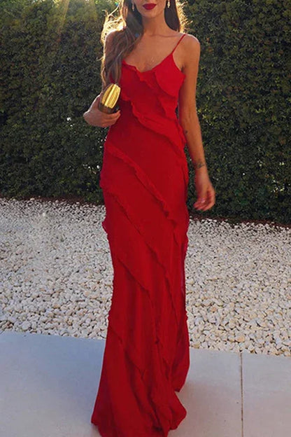 Vestido largo mujer sin mangas con volantes y abertura