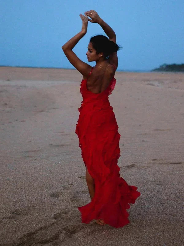 Vestido largo mujer con volantes y tirantes finos verano