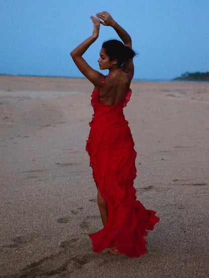 Vestido largo mujer con volantes y tirantes finos verano