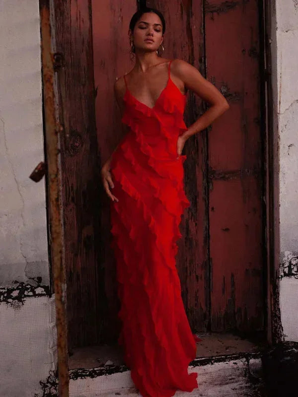 Vestido largo mujer con volantes y tirantes finos verano