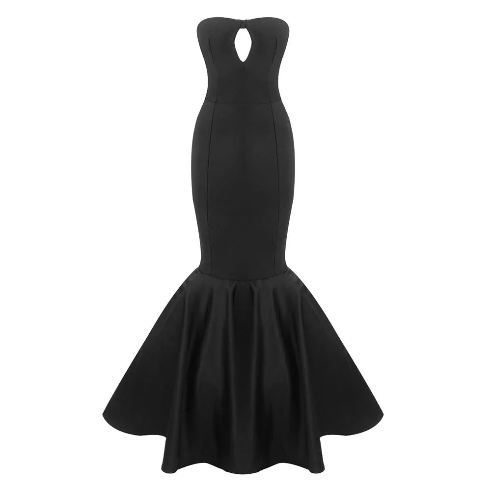 Vestido largo sirena de mujer negro sin tirantes
