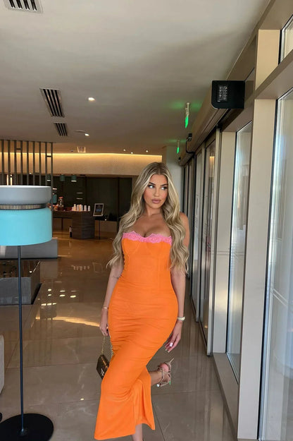 Vestido midi ajustado mujer con encaje y espalda descubierta