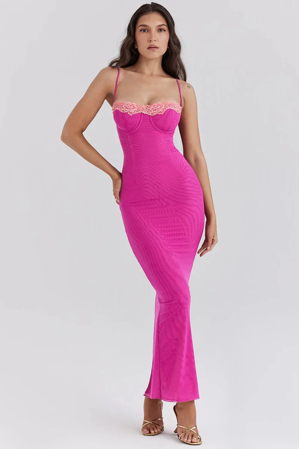 Vestido midi ajustado mujer con encaje y espalda descubierta