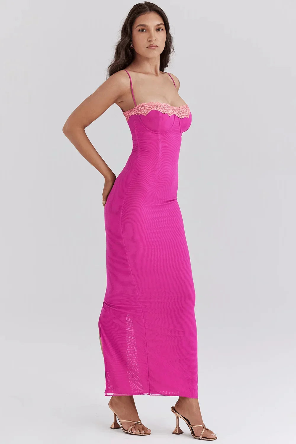 Vestido midi ajustado mujer con encaje y espalda descubierta