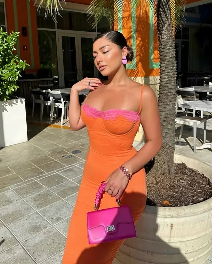 Vestido midi ajustado mujer con encaje y espalda descubierta