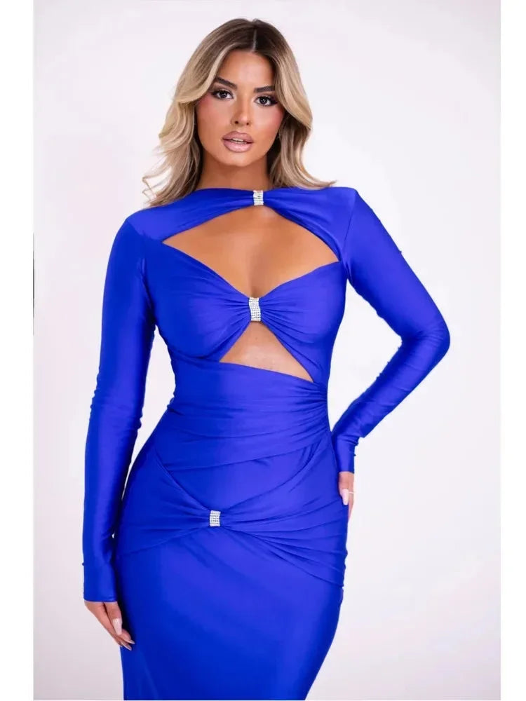 Vestido midi mujer con recortes y detalles joya mangas largas
