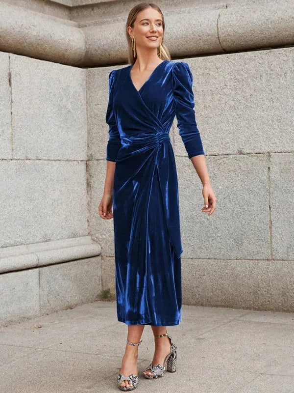 Vestido midi mujer cruzado con mangas abullonadas y detalles anudados