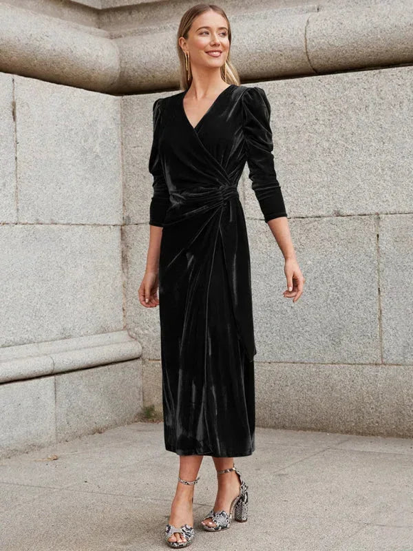 Vestido midi mujer cruzado con mangas abullonadas y detalles anudados