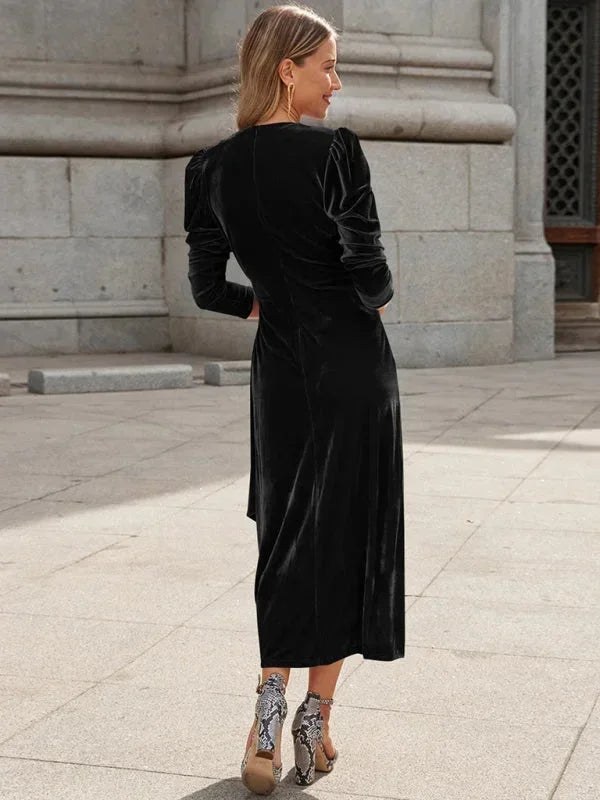 Vestido midi mujer cruzado con mangas abullonadas y detalles anudados