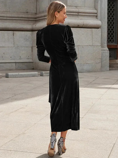 Vestido midi mujer cruzado con mangas abullonadas y detalles anudados