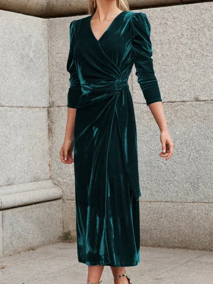 Vestido midi mujer cruzado con mangas abullonadas y detalles anudados