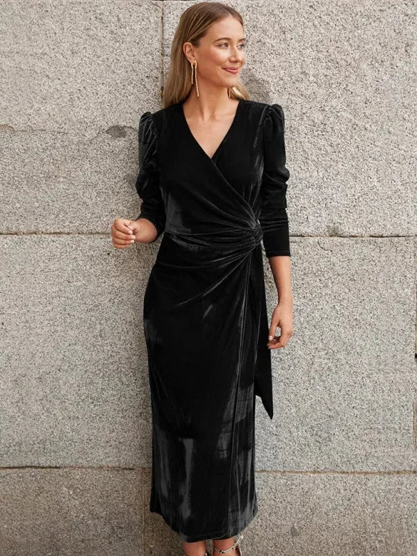 Vestido midi mujer cruzado con mangas abullonadas y detalles anudados