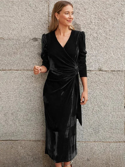 Vestido midi mujer cruzado con mangas abullonadas y detalles anudados