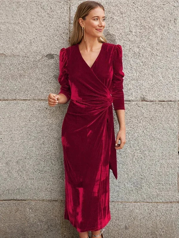 Vestido midi mujer cruzado con mangas abullonadas y detalles anudados