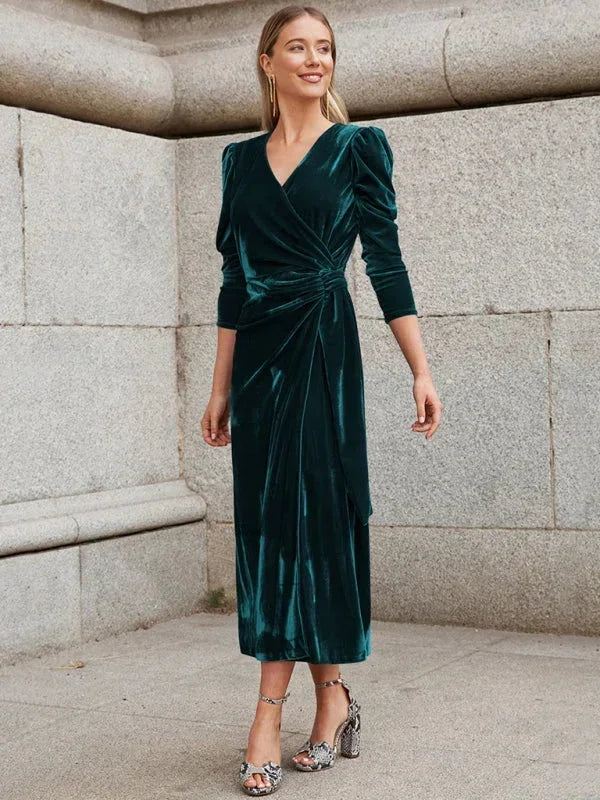 Vestido midi mujer cruzado con mangas abullonadas y detalles anudados