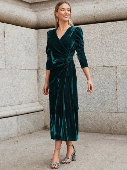 Vestido midi mujer cruzado con mangas abullonadas y detalles anudados