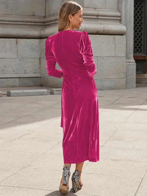 Vestido midi mujer cruzado con mangas abullonadas y detalles anudados