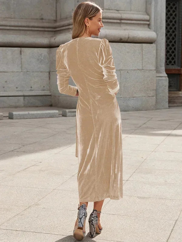 Vestido midi mujer cruzado con mangas abullonadas y detalles anudados