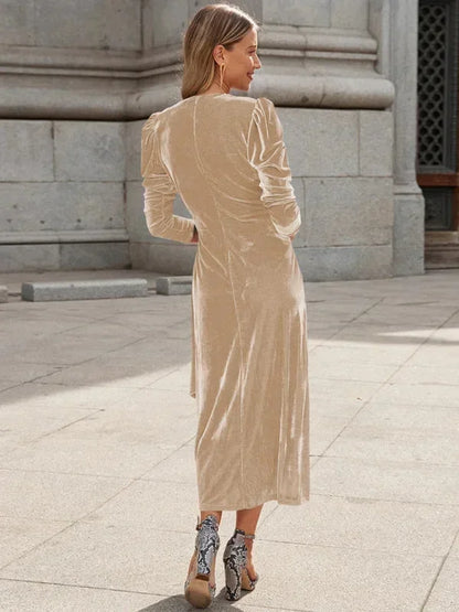 Vestido midi mujer cruzado con mangas abullonadas y detalles anudados