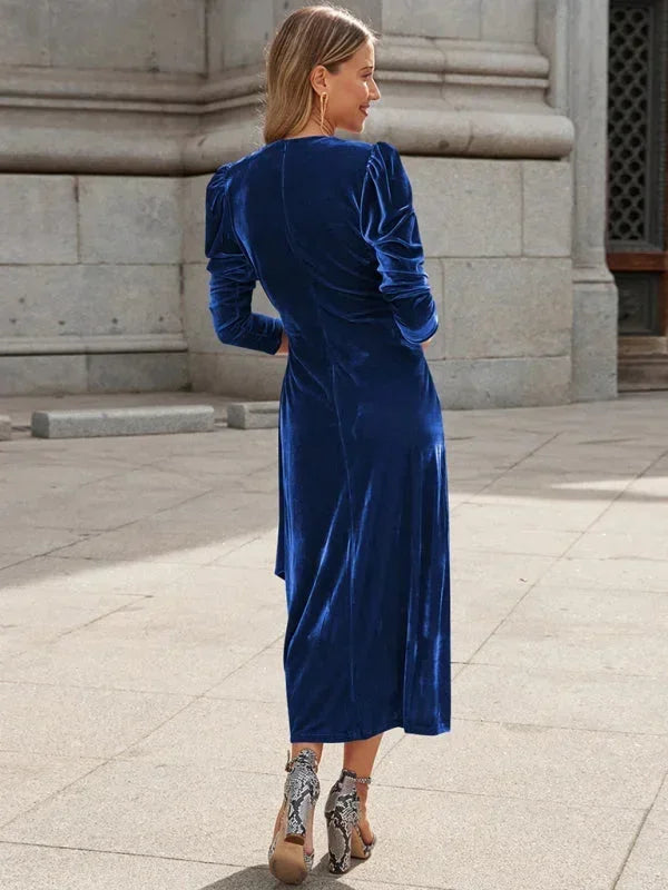 Vestido midi mujer cruzado con mangas abullonadas y detalles anudados