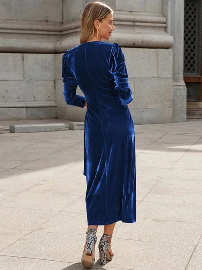 Vestido midi mujer cruzado con mangas abullonadas y detalles anudados