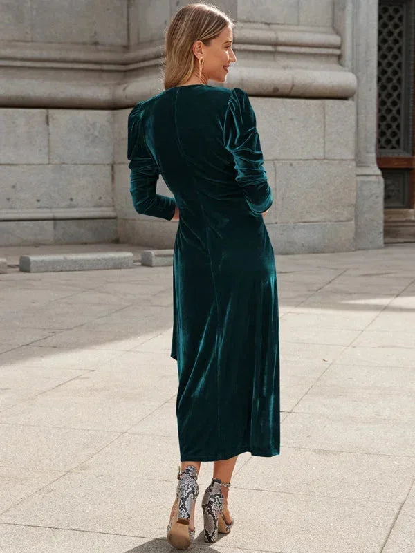 Vestido midi mujer cruzado con mangas abullonadas y detalles anudados