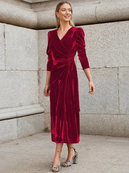 Vestido midi mujer cruzado con mangas abullonadas y detalles anudados