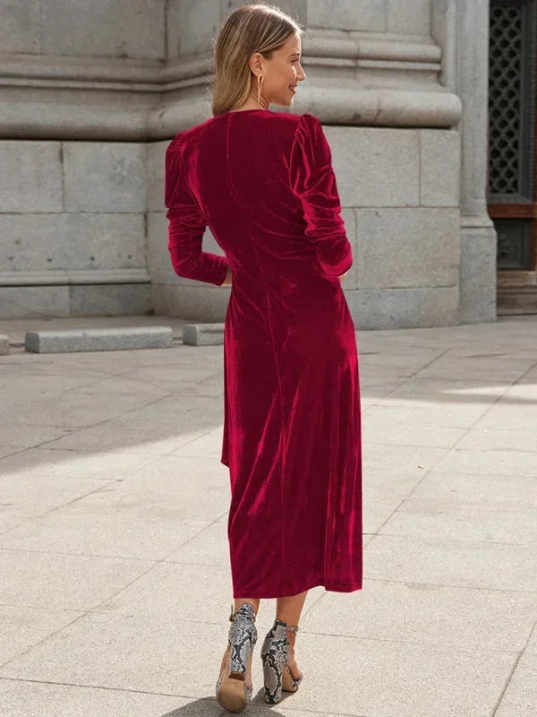 Vestido midi mujer cruzado con mangas abullonadas y detalles anudados