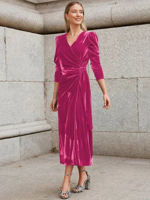 Vestido midi mujer cruzado con mangas abullonadas y detalles anudados